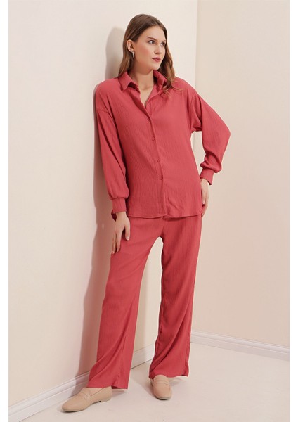 Kadın BDART Düğmeli Uzun Kollu Gömlek & Pantolon Örme Takım Tozlu Gül Pembesi
