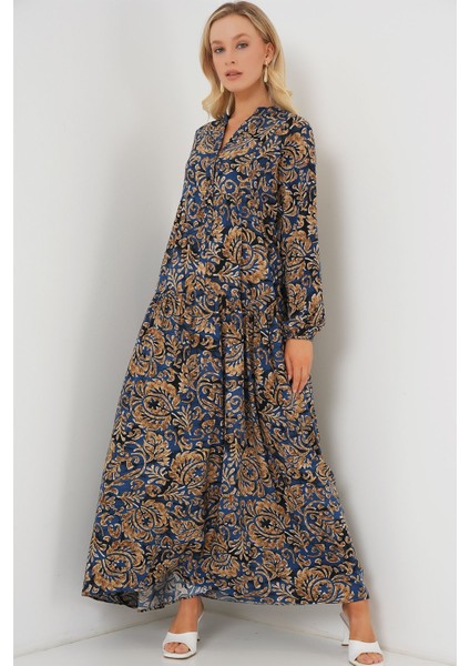 Kadın BDART Düğmeli V Yaka Desenli Maxi Elbise Lacivert