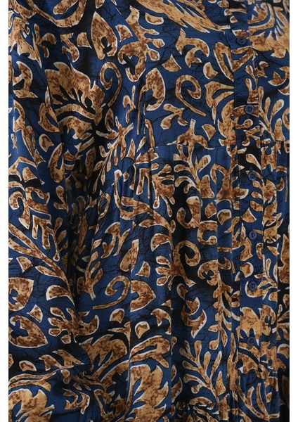 Kadın BDART Düğmeli V Yaka Desenli Maxi Elbise Lacivert indirimleri