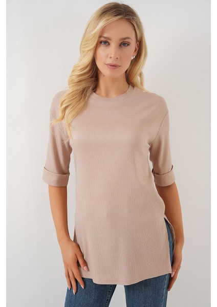 Kadın BDART Dokulu Uzun Kol Yaka Tişört Bej Doğal fırsatları