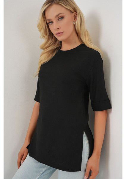 Kadın BDART Dokulu Uzun Kol Yaka Tişört Siyah