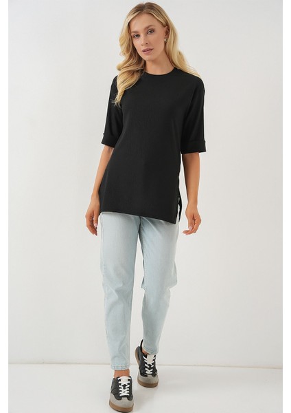 Kadın BDART Dokulu Uzun Kol Yaka Tişört Siyah fiyatları