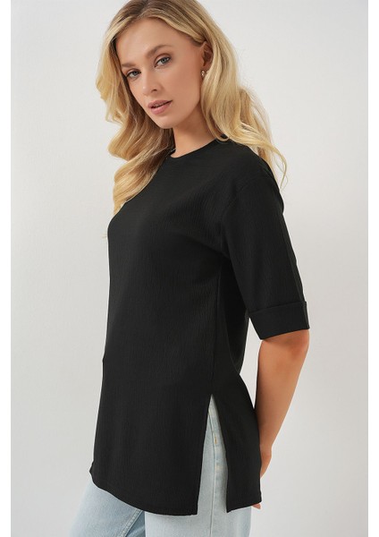 Kadın BDART Dokulu Uzun Kol Yaka Tişört Siyah modelleri