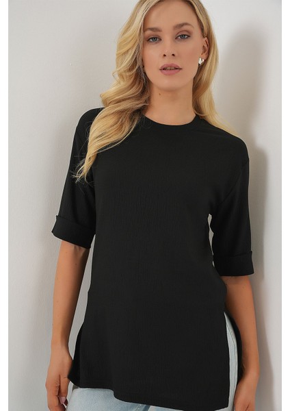 Kadın BDART Dokulu Uzun Kol Yaka Tişört Siyah fırsatları