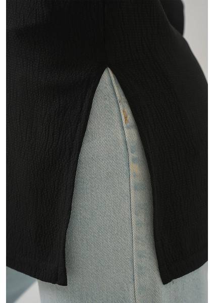 Kadın BDART Dokulu Uzun Kol Yaka Tişört Siyah indirimleri