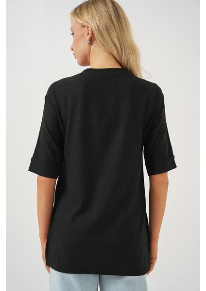 Kadın BDART Dokulu Uzun Kol Yaka Tişört Siyah