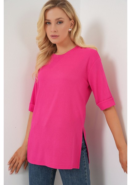 Kadın BDART Dokulu Uzun Kol Yaka Tişört Parlak Pembe