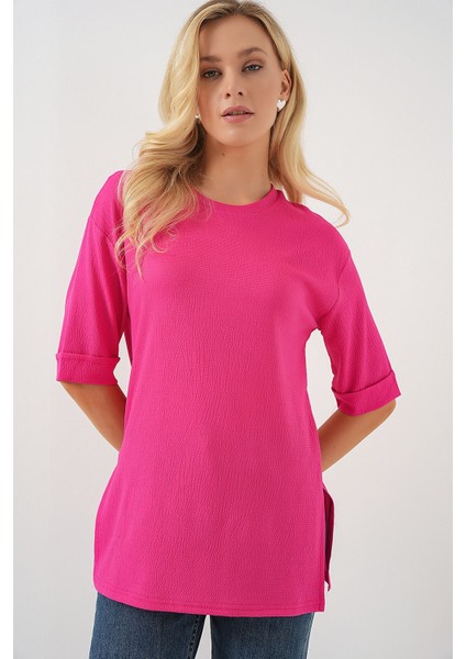 Kadın BDART Dokulu Uzun Kol Yaka Tişört Parlak Pembe fırsatları