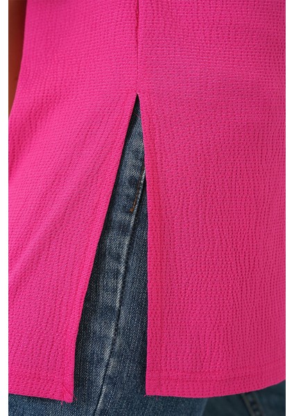 Kadın BDART Dokulu Uzun Kol Yaka Tişört Parlak Pembe indirimleri