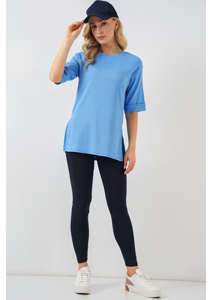 Kadın BDART Dokulu Uzun Kol Yaka Tişört Bebek Mavisi fiyatları