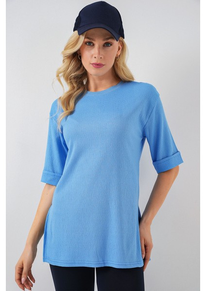 Kadın BDART Dokulu Uzun Kol Yaka Tişört Bebek Mavisi modelleri