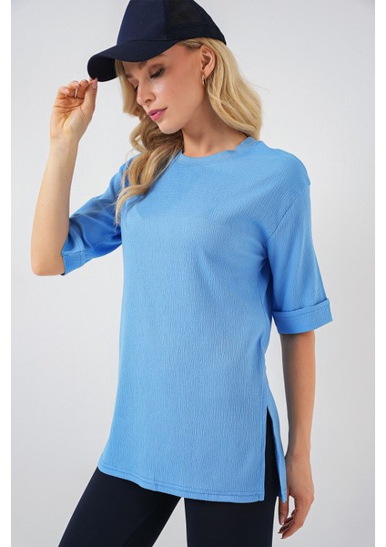 Kadın BDART Dokulu Uzun Kol Yaka Tişört Bebek Mavisi fırsatları