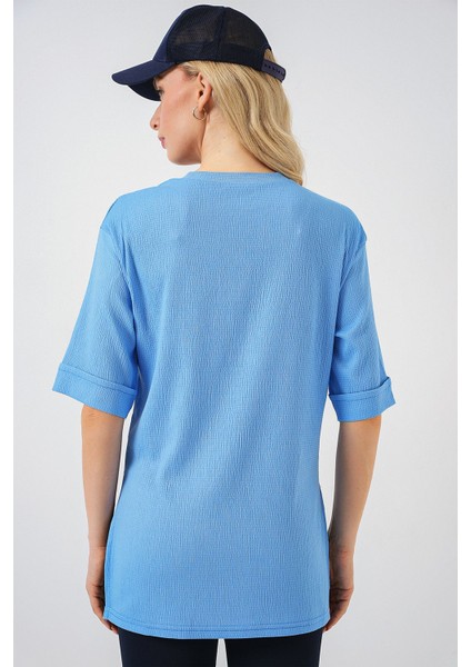 Kadın BDART Dokulu Uzun Kol Yaka Tişört Bebek Mavisi