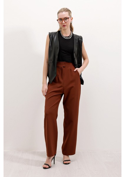 Kadın BDART Kemerli Yüksek Bel Geniş Paça Pantolon Brown indirimleri
