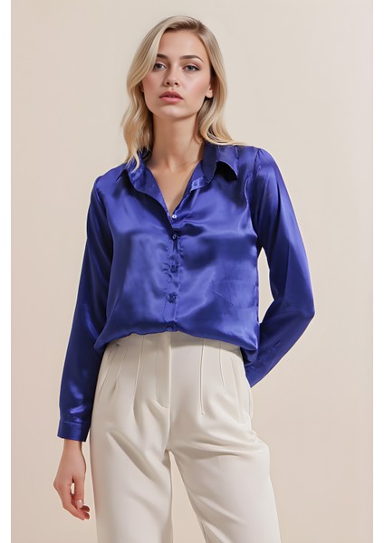 Kadın SBDART aten Kaplamalı Uzun Kollu Düğmeli Gömlek Blue fırsatları