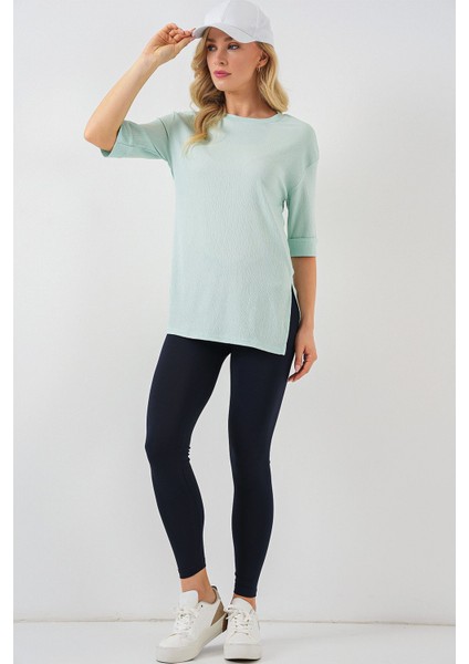 Kadın BDART Dokulu Uzun Kol Yaka Tişört Nane Yeşili fiyatları