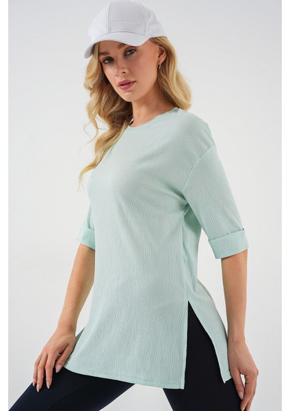 Kadın BDART Dokulu Uzun Kol Yaka Tişört Nane Yeşili modelleri