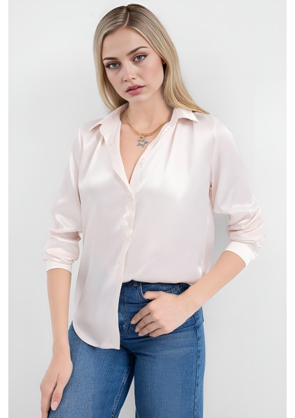 Kadın SBDART aten Kaplamalı Uzun Kollu Düğmeli Gömlek Krem Doğal fırsatları