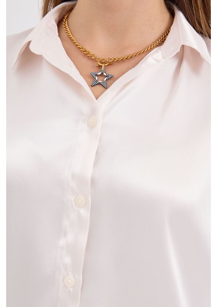 Kadın SBDART aten Kaplamalı Uzun Kollu Düğmeli Gömlek Krem Doğal indirimleri