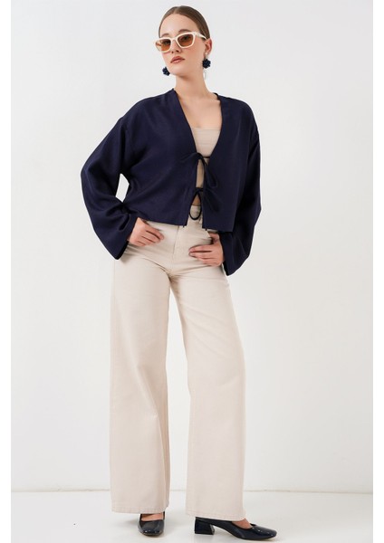 Kadın BDART Keten Karışımlı Bağlama Detaylı Uzun Kollu Kimono Lacivert fiyatları