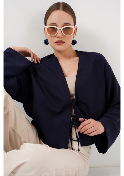 Kadın BDART Keten Karışımlı Bağlama Detaylı Uzun Kollu Kimono Lacivert fırsatları