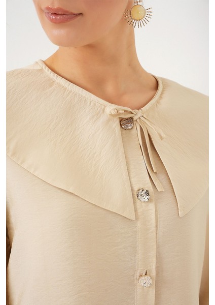 Kadın BDART Bebek Yaka ve Fiyonk Detaylı Uzun Bol Bluz Krem Doğal indirimleri