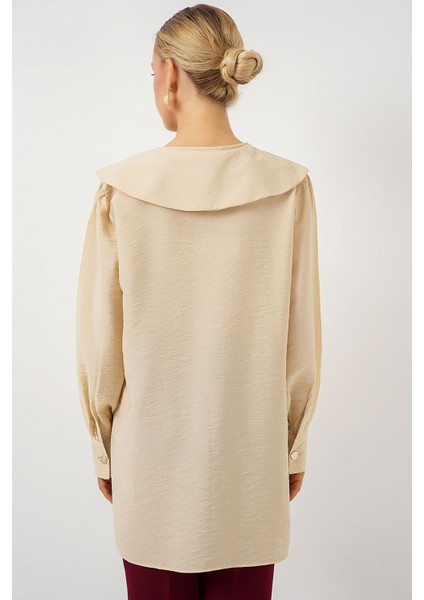 Kadın BDART Bebek Yaka ve Fiyonk Detaylı Uzun Bol Bluz Krem Doğal