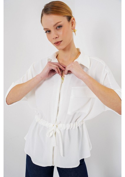 Kadın BDART Düğmeli Yaka ile Dokumalı Fermuarlı Gömlek Beyaz modelleri