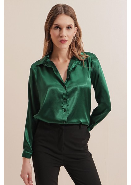 Kadın BDART Saten Uzun Kollu Düğmeli Gömlek Zümrüt Yeşili fiyatları