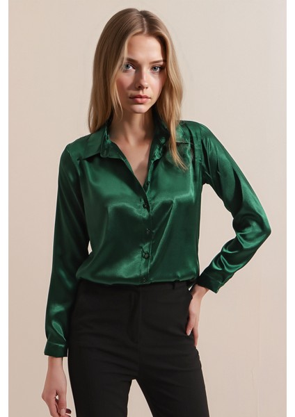 Kadın BDART Saten Uzun Kollu Düğmeli Gömlek Zümrüt Yeşili indirimleri