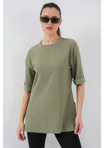 Kadın BDART Dokulu Uzun Kol Yaka Tişört Adaçayı Yeşili
