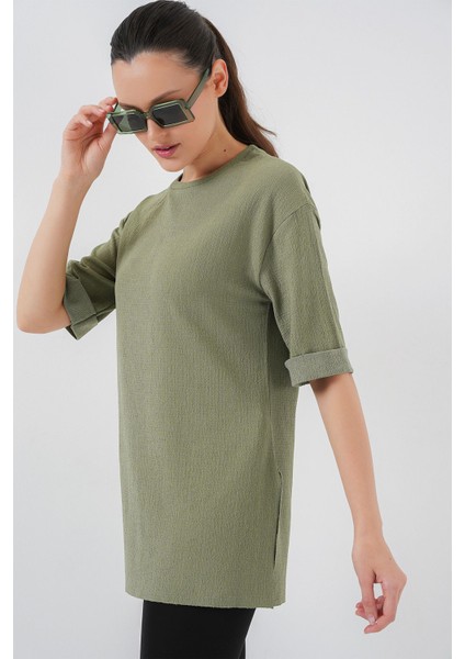 Kadın BDART Dokulu Uzun Kol Yaka Tişört Adaçayı Yeşili fiyatları