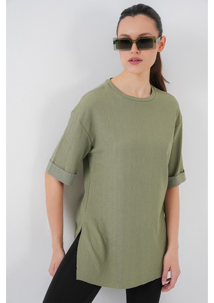Kadın BDART Dokulu Uzun Kol Yaka Tişört Adaçayı Yeşili modelleri