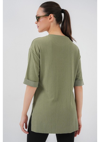 Kadın BDART Dokulu Uzun Kol Yaka Tişört Adaçayı Yeşili indirimleri