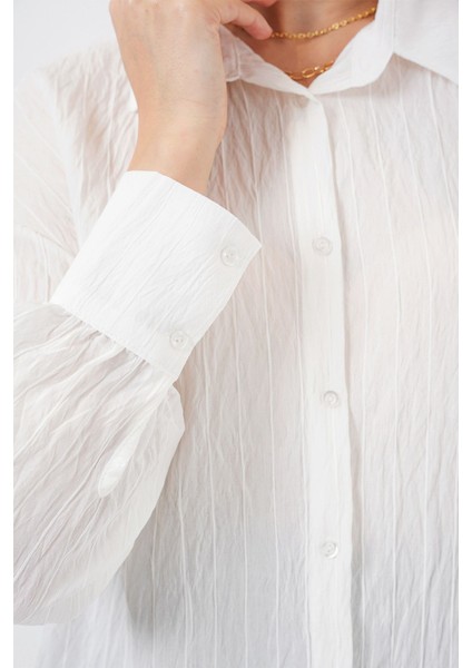 Kadın BDART Dokulu Düğmeli Uzun Kol Gömlek White indirimleri