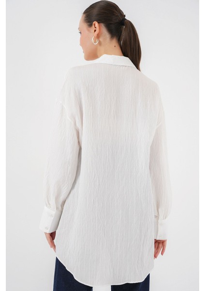 Kadın BDART Dokulu Düğmeli Uzun Kol Gömlek White