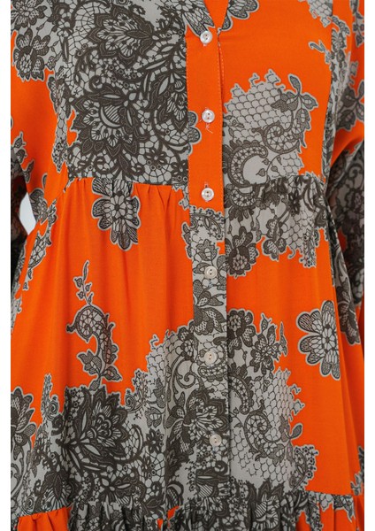 Kadın BDART Düğmeli V Yaka Desenli Maxi Elbise Orange fırsatları