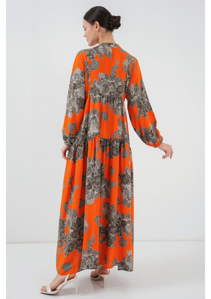 Kadın BDART Düğmeli V Yaka Desenli Maxi Elbise Orange indirimleri