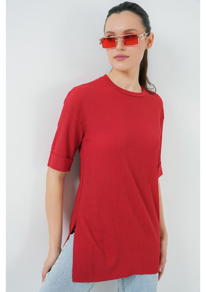 Kadın BDART Dokulu Uzun Kol Yaka Tişört Red