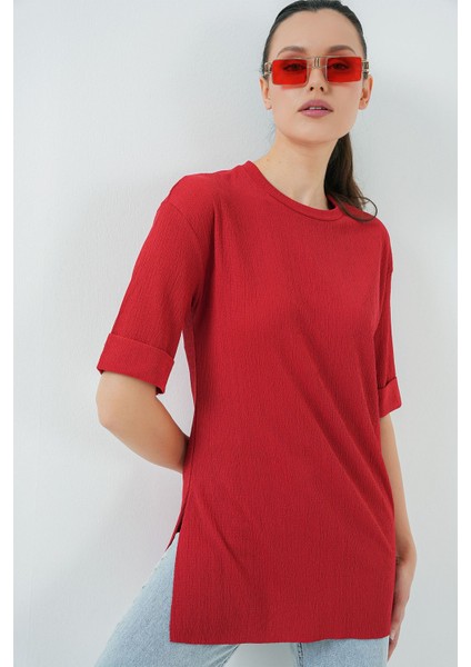 Kadın BDART Dokulu Uzun Kol Yaka Tişört Red fiyatları