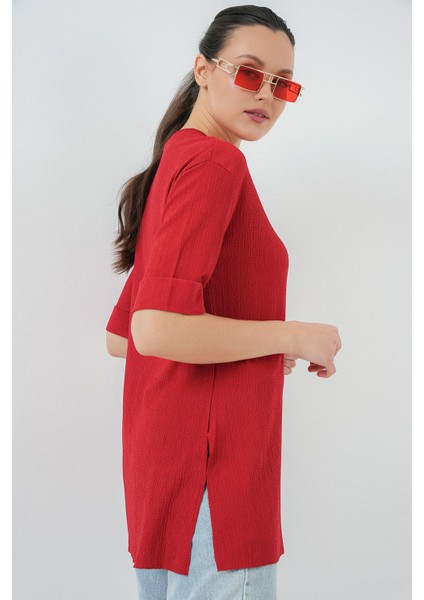 Kadın BDART Dokulu Uzun Kol Yaka Tişört Red fırsatları