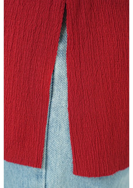 Kadın BDART Dokulu Uzun Kol Yaka Tişört Red indirimleri