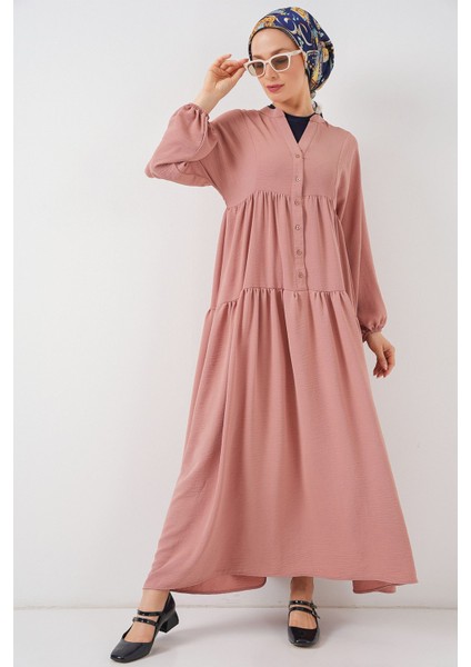 Kadın BDART V Yaka Düğmeli Rahat Kesim Maxi Elbise Tozlu Gül Pembesi