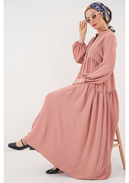 Kadın BDART V Yaka Düğmeli Rahat Kesim Maxi Elbise Tozlu Gül Pembesi fiyatları
