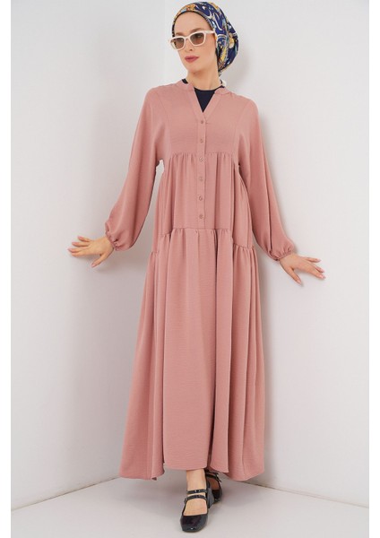 Kadın BDART V Yaka Düğmeli Rahat Kesim Maxi Elbise Tozlu Gül Pembesi modelleri