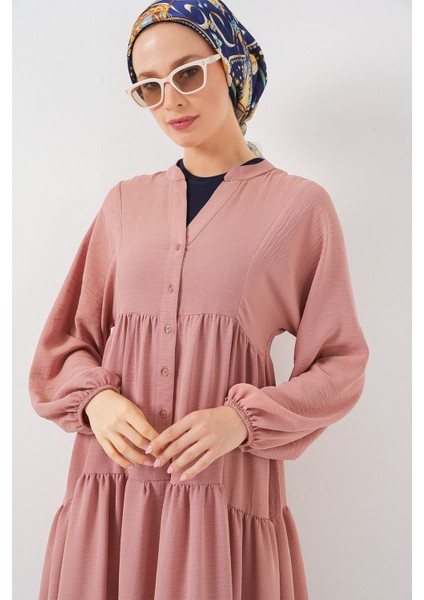 Kadın BDART V Yaka Düğmeli Rahat Kesim Maxi Elbise Tozlu Gül Pembesi fırsatları