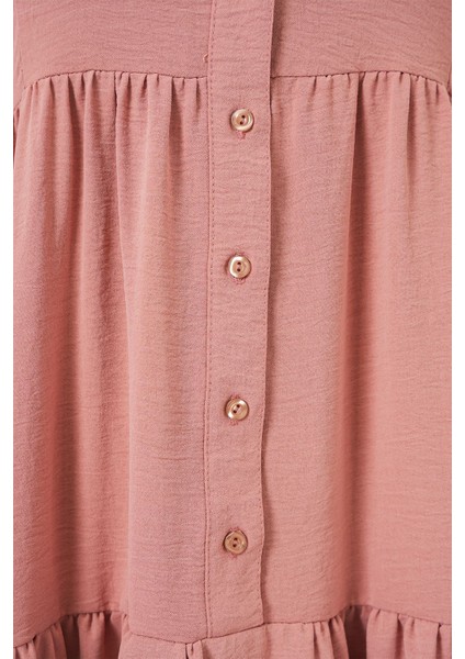 Kadın BDART V Yaka Düğmeli Rahat Kesim Maxi Elbise Tozlu Gül Pembesi indirimleri