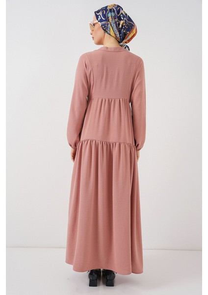 Kadın BDART V Yaka Düğmeli Rahat Kesim Maxi Elbise Tozlu Gül Pembesi