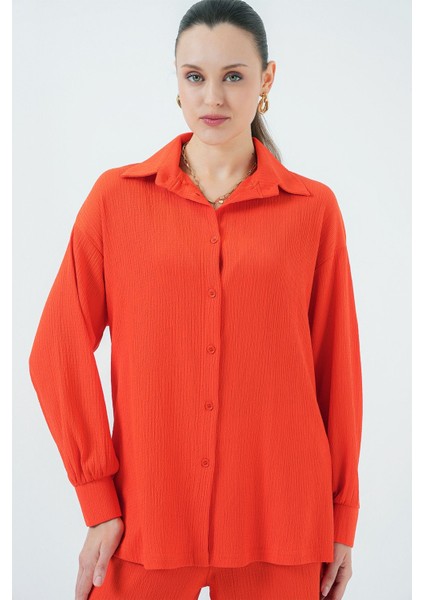 Kadın BDART Düğmeli Yaka ile Doku Detaylı Uzun Kollu Triko Takım Parlak Turuncu modelleri