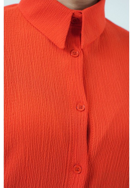 Kadın BDART Düğmeli Yaka ile Doku Detaylı Uzun Kollu Triko Takım Parlak Turuncu